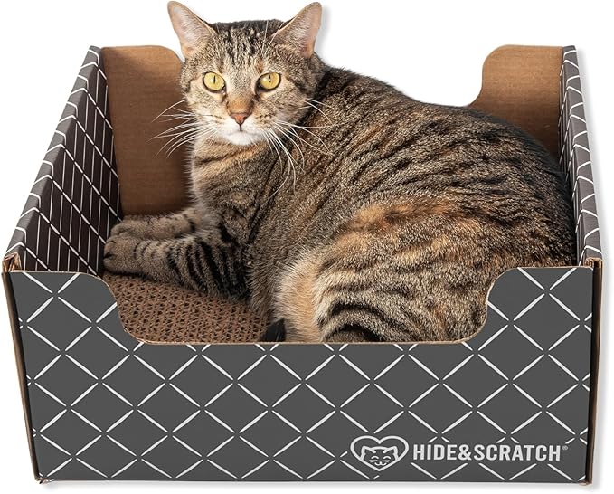 HIDE &amp; SCRATCH Cat Scratcher Box and Cat Bed with Refillable Double-Sided Cardboard Scratch Pad for Indoor Cats
