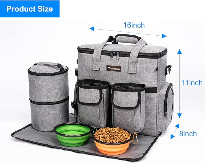 Airline Approved Dog Travel Bag with 2 Dog Treat Training Pouches, Tote Organizer for Weekend Pet Travel Supplies &amp; Accessories, 2 Collapsible Bowls, 2 Food Container (Grey)