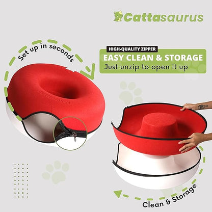 CATTASAURUS Peekaboo Cat Cave for Multiple &amp; Large Cats Up to 30-45 Lbs, Scratch Detachable &amp; Washable Tunnel Bed, Comfy Donut Cat Cave (Ruby Snowball, Large)
