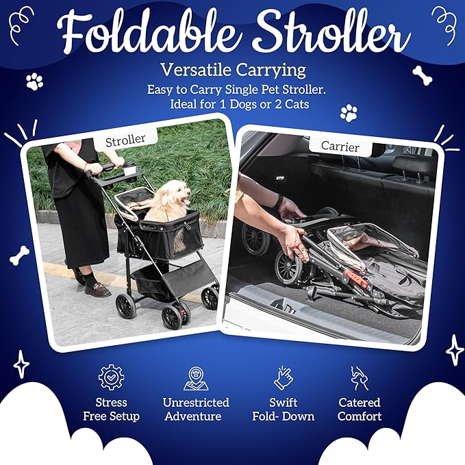 Pet Stroller with 4 Rolling Casters for Pets – Lightweight Multifunctional Travel Stroller with Mesh Windows, Cup Holder, Sun Shades &amp; Storage Pocket for Puppy and Kitty