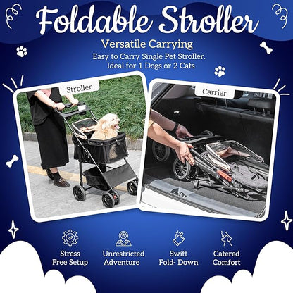 Pet Stroller with 4 Rolling Casters for Pets – Lightweight Multifunctional Travel Stroller with Mesh Windows, Cup Holder, Sun Shades &amp; Storage Pocket for Puppy and Kitty