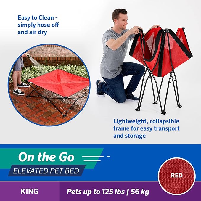 Coolaroo On-The-Go Elevated Dog Bed - Foldable Pop-Up Travel Dog Bed with Breathable, Moisture-Resistant Fabric, Carry Bag Included, Lightweight &amp; Portable, Red, Extra Large
