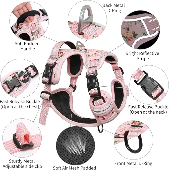 Timos No Pull Dog Harness, Release at Neck Reflective 3 Snap Buckles Adjustable No Choke Pet Vest with Front &amp; Back 2 Leash Clips, Soft Padded Control Training Handle for Small Medium Large Dogs