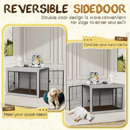 Bigrab Dog Crate Furinture with Thick Cushion, Side End Table Wooden Dog Cage with Double Doors, Chew-Resistant Dog Kennel Dog House Indoor for Small to Large Dog, M (Grey)