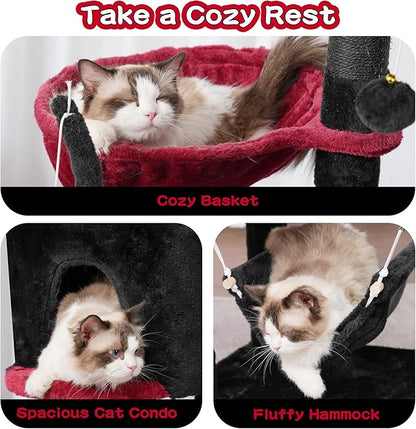 Gothic Cat Tree, Cat Tower for Large Cats with 2 Big Platforms, 2 Baskets, condo and Toys, 63" Cat Scratching Posts for Indoor Cats, Black and red GCT020BR
