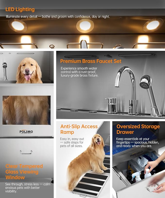 polimo Dog Washing Station, LED Professional Stainless Steel Dog Bathing Station 38", Dog Grooming Tub for Large, Medium &amp; Small Dog - with Window, Ramp, Drawer, Floor Grate &amp; Faucet (Left RAMP, 38")