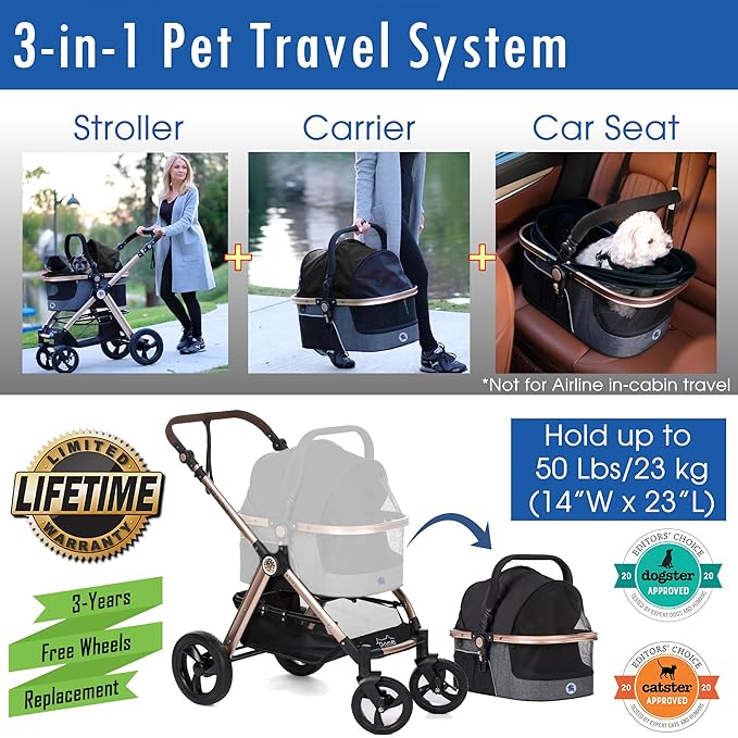 HPZ Pet Rover Prime 3-in-1 Luxury Dog/Cat Stroller (Travel Carrier + Car Seat +Stroller) with Detach Carrier/Pump-Free Rubber Tires/Aluminum Frame/Reversible Handle for Medium &amp; Small Pets (BLACK)