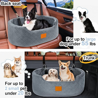 Dog Car Seat for Medium &amp; Large Dogs up to 55 lbs, Elevated Booster Seat with Anti-Slip Base, Detachable &amp; Machine-Washable Pet Car Bed for SUV/Sedan (Gray)