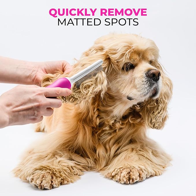 Poodle Pet Detangling Pet Comb with Long &amp; Short Stainless Steel Teeth for Removing Matted Fur, Knots &amp; Tangles – Detangler Tool Accessories for Safe &amp; Gentle DIY Dog &amp; Cat Grooming (Pink)