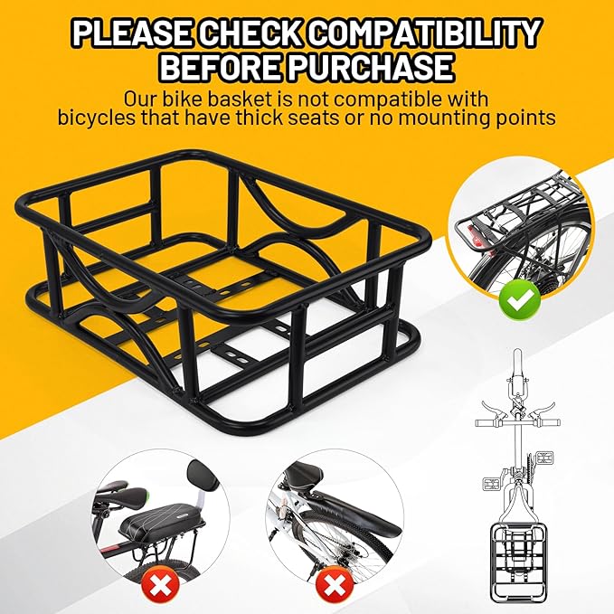 Heavy Duty Rear Bike Basket for Adults, Bicycle Cargo Basket with Removable Liner, Waterproof Cover &amp; Cargo Net, Universal Fit for E-Bike, Mountain Bike, Dog Carrier