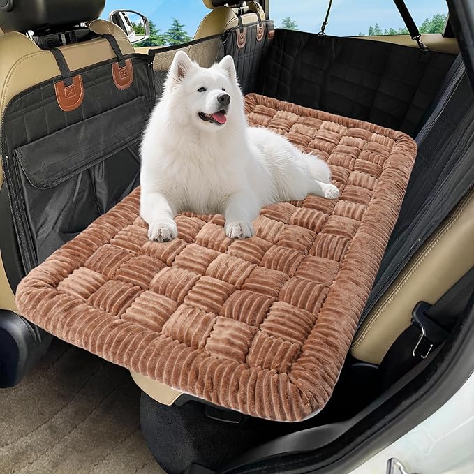Dog Car Bed Mat, Non-Slip Backseat Extender Pet Blanket, Plaid Dog Bed for SUVs, Sedans &amp; Trucks, Chew-Resistant Travel Pad for Dogs, Easy Clean &amp; Scratch-Proof &amp; Comfort (50"x24.6") Brown