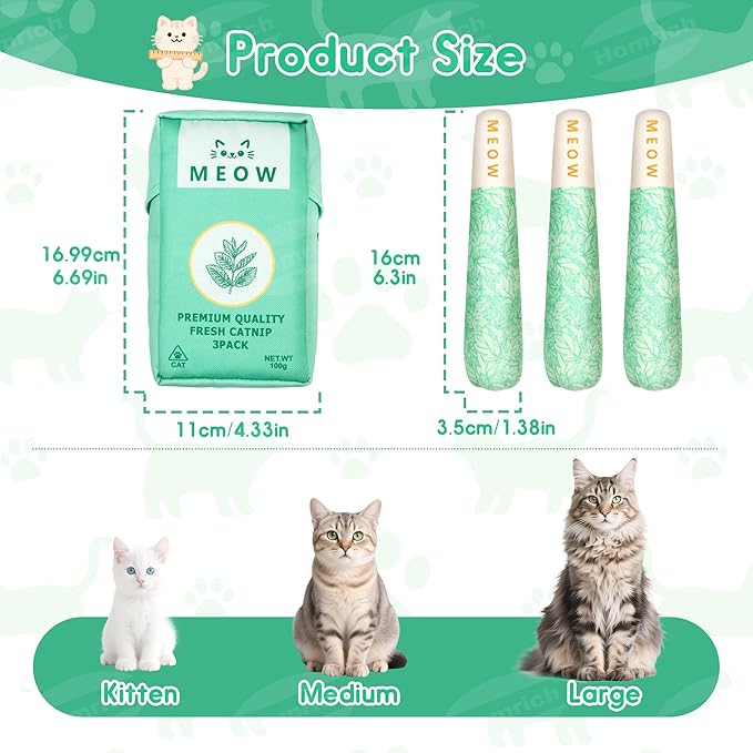 Homrich Catnip Toys for Cats, 3-Pack Funny Cat Toys Filled with 100% Pure Organic Catnip, Safe Kitten Teething Chew &amp; Kicker Toys - Interactive Cat Toys for Bored Indoor Adult Cats