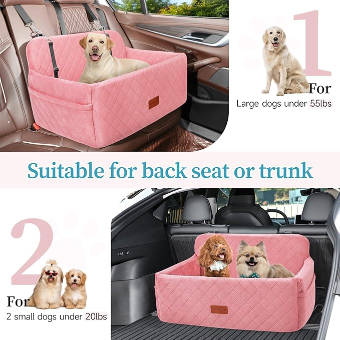 Dog Car Seat for Medium/Large Dogs, Pet Booster Seat for Under 55 lbs or 2 Small Dogs, Detachable &amp; Washable Dog Car Bed for Backseat with 2 Safety Leashes (Pink)
