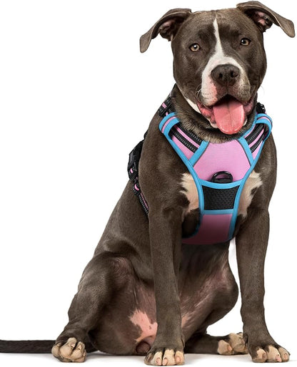 rabbitgoo Dog Harness No Pull with 2 Leash Clips, Adjustable Soft Padded, Reflective Oxford No Choke Pet Vest with Easy Control Handle for Large Dogs, Pink &amp; Blue, L