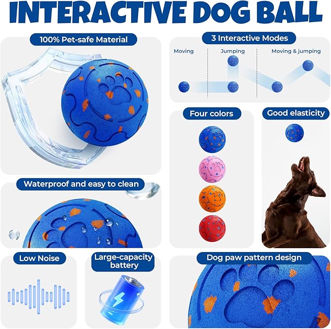 Dog Balls: Interactive Dog Ball Auto Rolling - Interactive Dog Toys for Aggressive Chewers - Bouncy &amp; Throwable, Type-C Rechargeable, Washable, for Small &amp; Medium &amp; Large Dogs – Blue