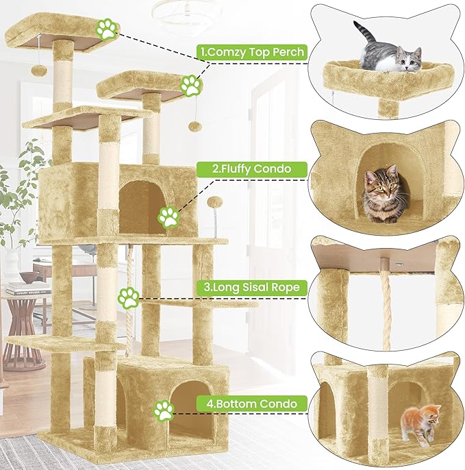 69in Large Cat Tree Tower for Indoor Cats with Soft Plush Hang Ball, Two Condos, Sisal Scratch Posts &amp; Rope Play for Kittens/Adult Cats, Beige