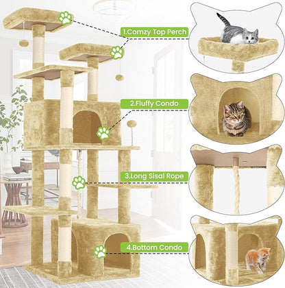 69in Large Cat Tree Tower for Indoor Cats with Soft Plush Hang Ball, Two Condos, Sisal Scratch Posts &amp; Rope Play for Kittens/Adult Cats, Beige