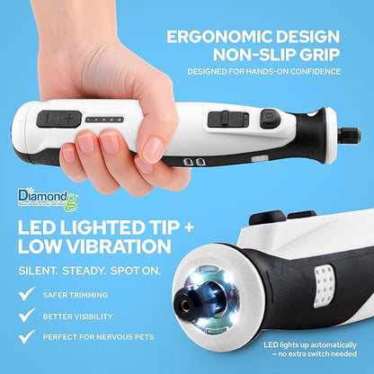 Diamondg Cordless Dog Nail Grinder with Quiet Sound &amp; LED Tip for Large &amp; Small Dogs, 4hrs. Runtime, 2 Bits Included, White