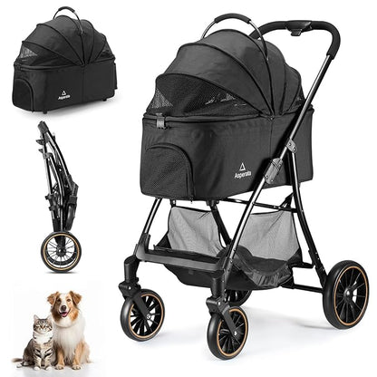Pet Stroller for Small/Medium Dogs &amp; Cats up to 55 lbs, Upgraded 4 Wheels Dog Stroller for Large Dogs, 3-in-1 Foldable Portable Travel Carrier for 2 Cats with Storage Basket and Cupholder