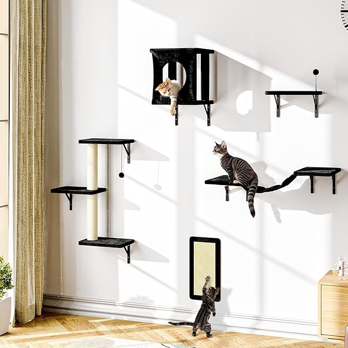 NUNU LAB Wall Mounted Cat Furniture, 5 Pcs Cat Wall Shelves with House, Bridge, Steps, Scratching Post, Shelves, Indoor Safe &amp; Stable Furniture for Kittens Play, Black