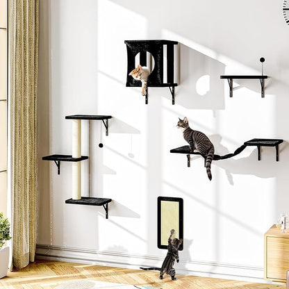 NUNU LAB Wall Mounted Cat Furniture, 5 Pcs Cat Wall Shelves with House, Bridge, Steps, Scratching Post, Shelves, Indoor Safe &amp; Stable Furniture for Kittens Play, Black