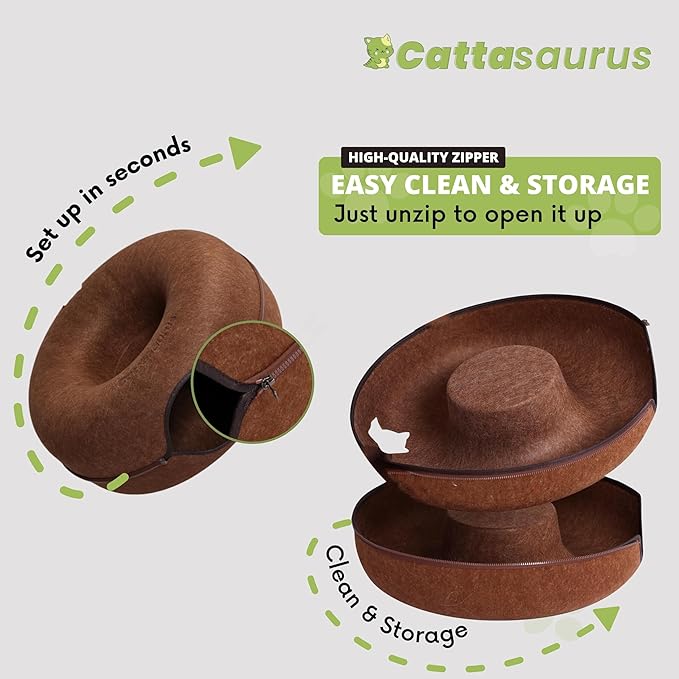 Cattasaurus Peekaboo Cat Cave for Multiple &amp; Large Cats Up to 30-45 Lbs, Scratch Detachable &amp; Washable Tunnel Bed, Comfy Donut Cat Cave (Brown, Large)