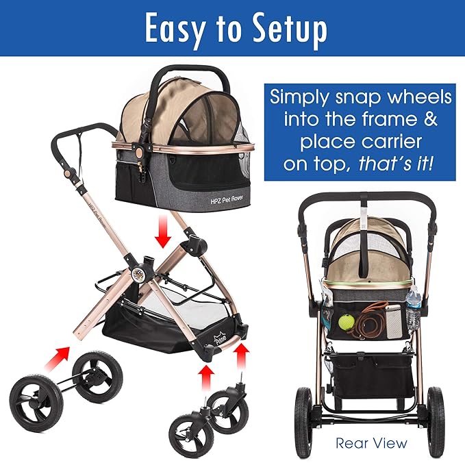 HPZ Pet Rover Prime 3-in-1 Luxury Dog/Cat Stroller (Travel Carrier +Car Seat +Stroller) with Detach Carrier/Pump-Free Rubber Tires/Aluminum Frame/Reversible Handle for Medium &amp; Small Pets (Taupe)