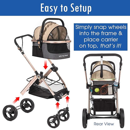 HPZ Pet Rover Prime 3-in-1 Luxury Dog/Cat Stroller (Travel Carrier +Car Seat +Stroller) with Detach Carrier/Pump-Free Rubber Tires/Aluminum Frame/Reversible Handle for Medium &amp; Small Pets (Taupe)