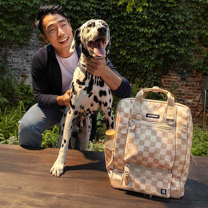 Porter 2-in-1 Dog Gear Backpack – Premium Dog Travel Bag with 10 Pockets, Zip-Off Treat Pouch, Leash Clip, Waterproof Pockets &amp; Water Bottle Holder – Weekend, Hiking, Camping, Checkerboard
