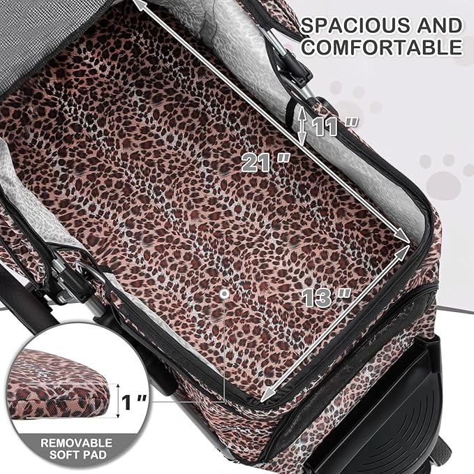 MoNiBloom 3 Wheels Pet Dog Cat Stroller for Small Medium Dogs Cats, Lightweight Foldable Jogger Stroller w/Storage Basket &amp; Cup Holder, Leopard Print