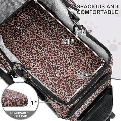 MoNiBloom 3 Wheels Pet Dog Cat Stroller for Small Medium Dogs Cats, Lightweight Foldable Jogger Stroller w/Storage Basket &amp; Cup Holder, Leopard Print