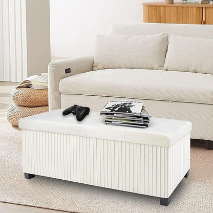 Storage Ottoman Bench, 43 Inch Foldable Ottoman with Legs, Velvet Foot Rest Stool, End of Bed Bench, Storage Chest for Living Room, Bedroom (Beige)