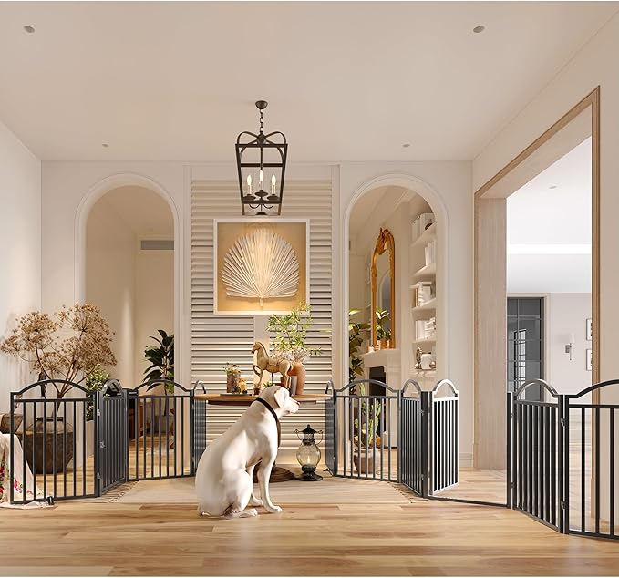 BHG Metal No-Assembly Freestanding Dog Gate with Door Walk Through, Extra Wide 144", Extra Tall 32" Pet Gate, Accordion Puppy Folding Playpen Dog Fence for Indoor &amp; Outdoor, with 2PCS Support - Black