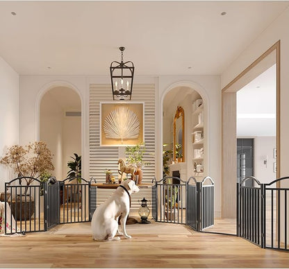 BHG Metal No-Assembly Freestanding Dog Gate with Door Walk Through, Extra Wide 96", Extra Tall 32" Pet Gate, Accordion Puppy Folding Playpen Dog Fence for Indoor &amp; Outdoor, with 2PCS Support - Black