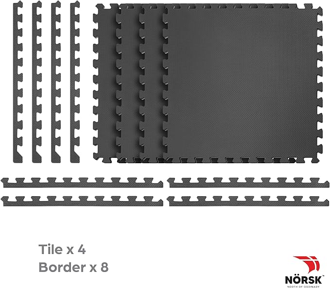 Norsk Multi-Purpose Reversible Floor Mats - EVA Interlocking Foam Tiles (Gray/Black 36 Tiles - 144 sq. Ft. 1/2" Thick)