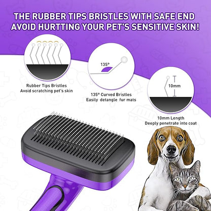 Dogs Cats Self Cleaning Slicker Brush for Shedding &amp; Grooming Any Breed of Pets, Removes Loose, Undercoat, Mats, Tangled Hair for Small Medium Large Animal With Long Short Fur Length, Purple