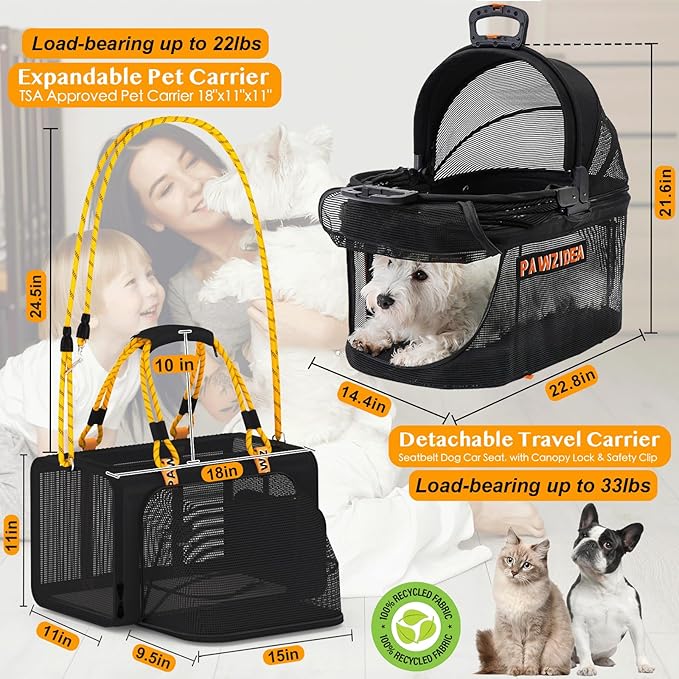PAWZIDEA Double Pet Stroller with 2 Detachable Carriers, Portable Dog Crate for Car Travel &amp; TSA-Approved Expandable Cat Carrier, Foldable Lightweight Jogger Stroller for 2–4 Cats or Small/Medium Dogs