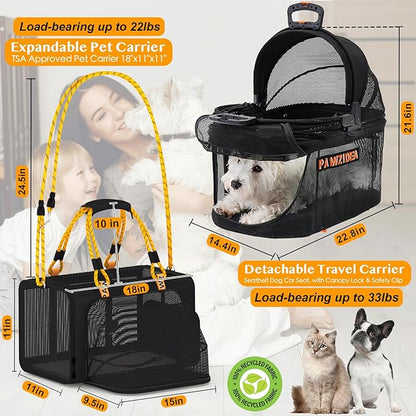 PAWZIDEA Double Pet Stroller with 2 Detachable Carriers, Portable Dog Crate for Car Travel &amp; TSA-Approved Expandable Cat Carrier, Foldable Lightweight Jogger Stroller for 2–4 Cats or Small/Medium Dogs