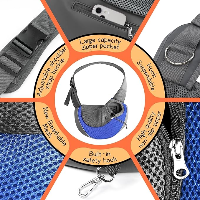 YUDODO Pet Sling Carrier for Small Dogs &amp; Cats – Hands-Free Puppy Carrier with Safety Hook, Large Zipper Pocket, Soft Breathable Mesh, Adjustable Strap &amp; Reflective Strip (Blue 1.0 S)