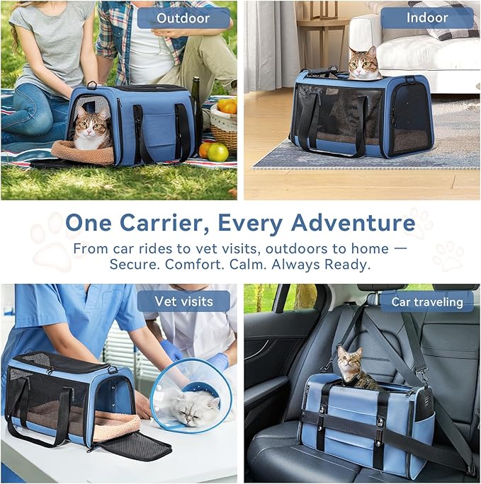 PETSFIT Soft-Sided Cat Carriers &amp; Car Seats with Patent Safe Buckles, Clip-On Harness，18"x11"x11" Airline Approved Pet Carrier - 9 lbs Capacity (Blue)