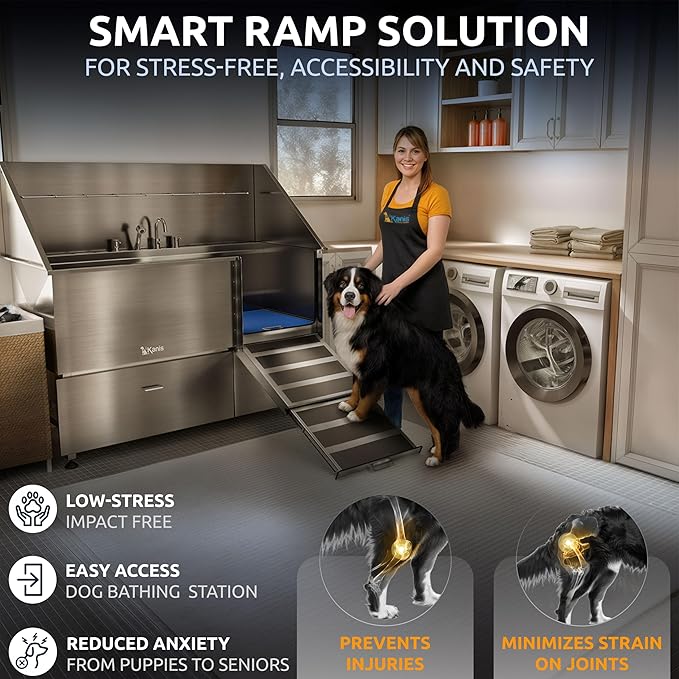 KANIS Professional Dog Washing Station - 304 Stainless Steel Pet Wash Sink &amp; Grooming Bath Tub for Home with Ramp, Shower, Floor Grate, Storage Drawers, and Faucet for Large, Medium &amp; Small Pets