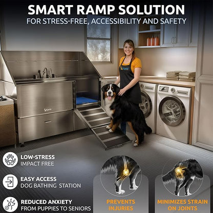 KANIS Professional Dog Washing Station - 304 Stainless Steel Pet Wash Sink &amp; Grooming Bath Tub for Home with Ramp, Shower, Floor Grate, Storage Drawers, and Faucet for Large, Medium &amp; Small Pets