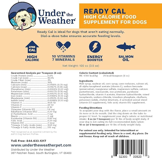Under the Weather Pet | Ready Cal for Dogs 100cc | High Calorie Supplement | Dog Weight Gainer and High Calorie Booster | 10 Vitamins, 7 Minerals &amp; Omega Fatty Acids (2 Pack)