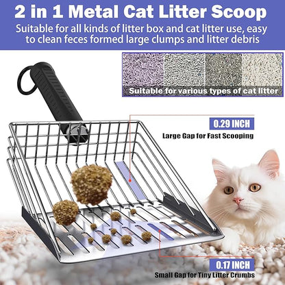 metal Cat Litter Scooper Kit - Durable large steel litter scoop with Dual Grid, Includes Broom &amp; Dustpan for Quick, Easy Cleaning