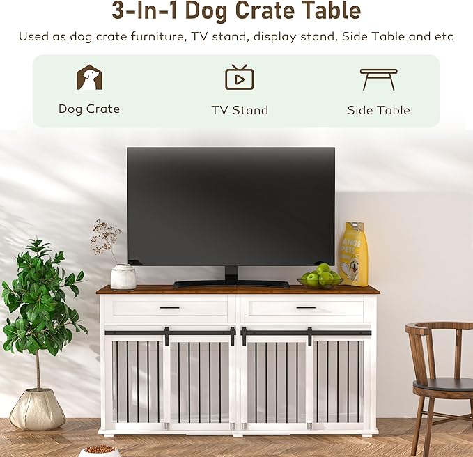 MUPATER 63" L x 23.6" W x 33.3" H Double Wooden Dog Cage Table with 2 Large Drawers &amp; Safety Locks, Large Dog Crate Furniture for 2 Dogs with Removable Divider, Decorative Indoor Dog Kennel Furniture