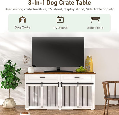 MUPATER 63" L x 23.6" W x 33.3" H Double Wooden Dog Cage Table with 2 Large Drawers &amp; Safety Locks, Large Dog Crate Furniture for 2 Dogs with Removable Divider, Decorative Indoor Dog Kennel Furniture