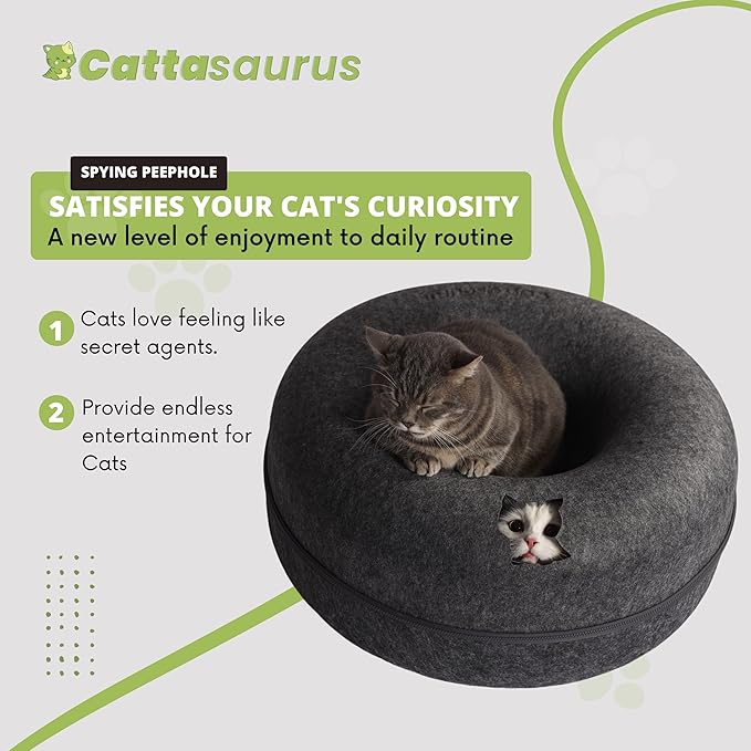 CATTASAURUS Peekaboo Cat Cave for Multiple &amp; Large Cats Up to 30-45 Lbs, Scratch Detachable &amp; Washable Tunnel Bed, Comfy Donut Cat Cave (Dark Gray, Large)