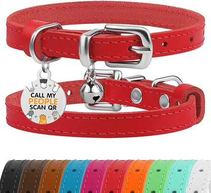 BRONZEDOG Leather Cat Collar with Removable Bells Non Breakaway Kitten QR Tag for Girl Boy (7" - 9" for Cats, Red &amp; Silver)