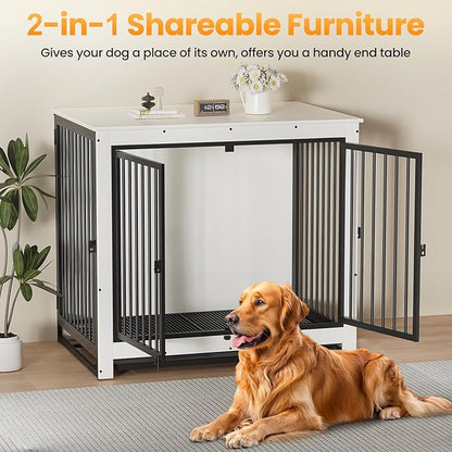 Dog Crate Furniture, Large Dog Crate Furniture, Wooden Cage Kennel Furniture Indoor, Modern Dog Crate with Multi-Purpose Removable Tray, Double-Doors Dog Furniture, End table dog crate, White