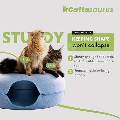 Cattasaurus Peekaboo Cat Cave for Multiple &amp; Large Cats Up to 30-45 Lbs, Scratch Detachable &amp; Washable Tunnel Bed, Comfy Donut Cat Cave (Blue, Jumbo)
